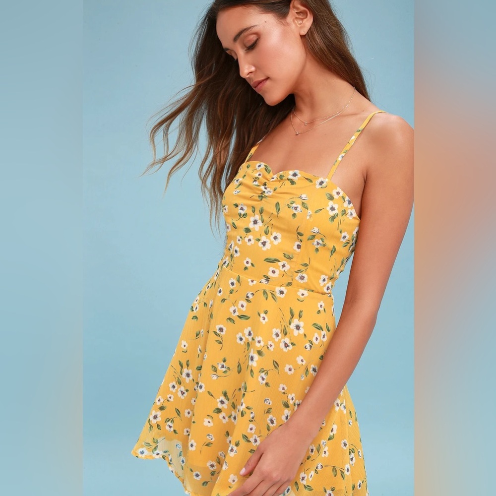 LULUS Daisies Go By Mustard Yellow Floral Print Mini Dress - Picture 5 of 7
